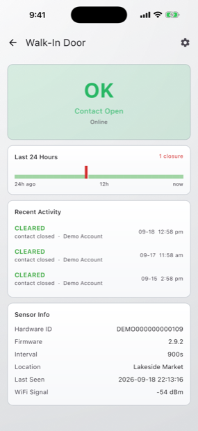 Contact sensor screen showing a green OK status, a 24-hour open and closed strip, and a list of past alarms.