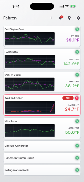 The same dashboard with the Walk-In Freezer tile outlined in red, its temperature in red, and an ACK button.