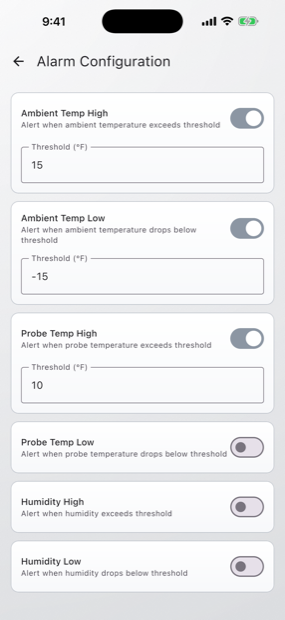 Alarm configuration screen with ambient high, ambient low and probe high limits enabled and thresholds filled in.