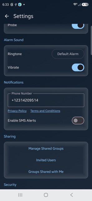 Fahren app Settings screen showing the Phone Number field, Privacy Policy and Terms links, and the Enable SMS Alerts toggle switched off