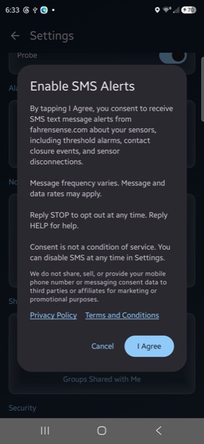 Fahren consent dialog listing the SMS program disclosure with Cancel and I Agree buttons