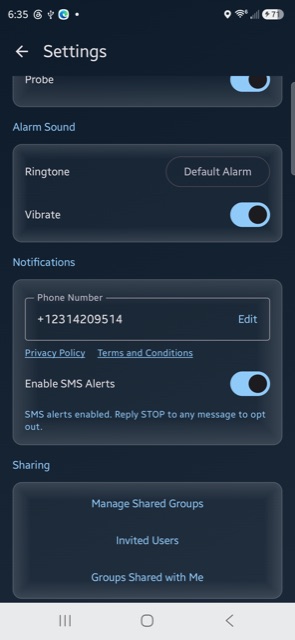 Fahren Settings screen after opting in, showing the toggle on and a confirmation that SMS alerts are enabled